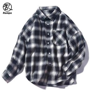 Rampo Checkered Long Sleeve Shirt Mens Outerwear Youth Trendy Couple Outfit Student Style Splicing Color Block Autumn Fashion