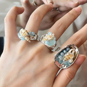 Natural Blue Shell Sea Snail Crystal Beads Ring for Women Unique Design High-End Stackable New Style Jewelry Accessories