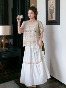 2025 Summer New Korean Style Versatile Loose Inner Wear Hook Flower Hollow Short Sleeve Top Half Skirt Three Piece Set