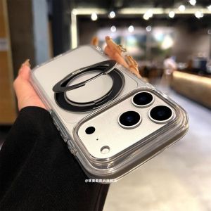 Apple 17Promax Phone Case with 360 Rotating Magnetic Stand Full Cover Ice Crystal Transparent Shockproof for Men And Women