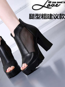 Womens High Heel Sandals 2023 New Summer Leather Surface Fish Mouth Mesh Shoes Waterproof Platform Thick Heel Medium Heel Hollow out Breathable Net Boots