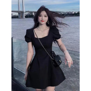 French Style Hepburn Wind Black Puff Sleeve Dress Womens Summer Square Collar Mid Length Long Length Waist Umbrella Skirt Little Black Dress Tide