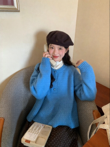 imimtuan | Áo Sweater Nửa Cúc Thiết Kế Xanh