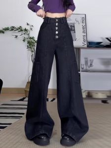 กางเกงยีนส์ทรงหลวมเอวสูงสไตล์อเมริกันสีดำสำหรับผู้ชายและผู้หญิง กางเกงขายาวทรงหลวมฤดูใบไม้ผลิและฤดูใบไม้ร่วง