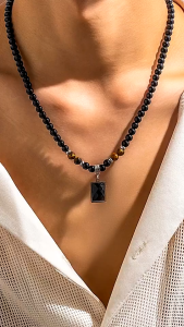 Trendy Black Beaded Chain Necklace with Square Pendant  Fashion Jewelry Accessory and Gift