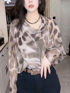QINGNAER | Leopard Print Color Blocking Draping Long Sleeve Shirt Large Size