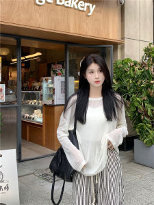 French Elegant Thin Long Sleeve Loose Fit Womens T-shirt Summer Lazy Style Sun Protection Shirt Transparent Breathable Top