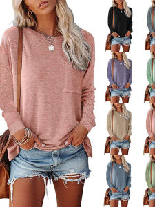 Loose Long Sleeve T-Shirt with Pocket And Slit Comfortable Casual Street Style Womens Fashion Spring Summer Autumn