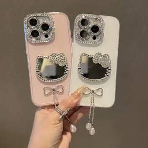 Bow pendant cartoon cat mirror hard case for iPhone 11 12 13 14 15 16 17 Pro Max casing Anti fall protective cover for iPhone11 case
