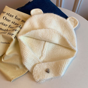 Cute Bear Ear Knitted Woolen Cap Womens Autumn Winter Warm Ear Protection Hat Sweet Style Non-Adjustable round Top No Brim