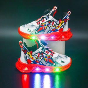 Boys Sports Shoes with Light up Button Soft Bottom Breathable Mesh Sneakers for Children Summer Anti-Slip Rubber Outsole