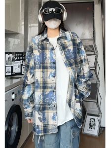 Gingham Shirt Mens Long Sleeves Fancy Handsome Couples Tops Spring and Autumn Youth Wear Tie-Dyed Shirt Coat