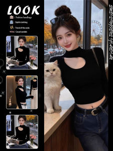Black Lace Half-Turtleneck Fleece Tight Crop Top