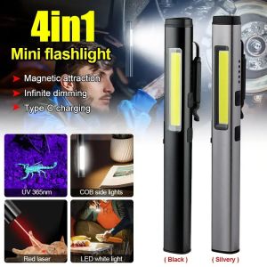 Mini 4in1 USB Rechargeable LED Flashlights Portable Pocket Pen Clip light for Work Emergency Outdoors Waterproof Lantern Magnet
