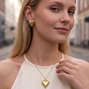 Stainless Steel Gold Plated Puff Heart Flower Pendant Necklace Stud Earrings Set Vintage Romantic Jewelry for Women