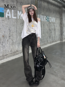 Retro American Washed Denim Jeans Womens High Waist Slim Straight Narrow Leg Pants Micro Flared Floor-Length Wide Leg Trousers