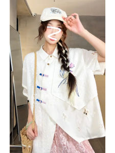 Retro Embroidered Beige Short Sleeve Womens Shirt Loose Fit Summer 2025 New Style Versatile Slimming Top Design Sense