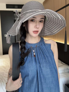 2024 New Style Womens Fishing Cap Butterfly Knot Sunshade Wide Brim Hat Casual Striped Bucket Hat Versatile Summer Hat