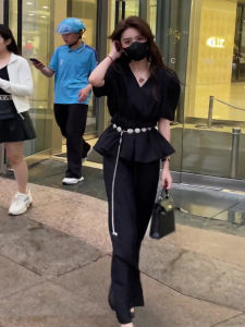 Black French Style Business Casual Set for Women Commute Suit Top plus Halter Skirt Polyester Fiber Summer New Arrival