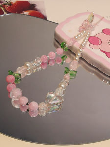 Fashionable Womens Short Mobile Phone Lanyard with Beads Hand Chain Creative Tulip Flower Bead Pendant Universal Phone Case Anti-Loss