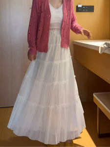 White Lace Half Skirt Women Summer New Style Small Size Elegant Fairylike Tulle Cake Skirt Pleated Umbrella Skirt