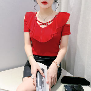 YIMEI 2024 Summer New Mesh Unique Nail Diamond Cross Hollow V-neck Korean Edition Top with Versatile Style Short Sleeve Womens T-shirt Red Dance Shirt
