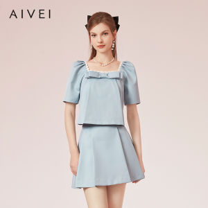 Aivei Summer New Sweet Girl Short Skirt Set Square Collar Top Short Skirt Two-Piece Set Polyester Fiber Casual Fashion Set