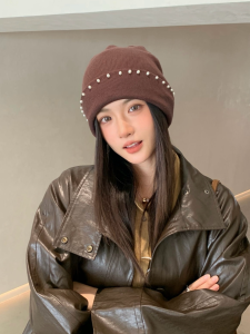 Korean Style Pearl Knitted Hat Womens Simple Design Ear Protection Warmth Autumn Winter No Brim Cap Foldable Casual Style
