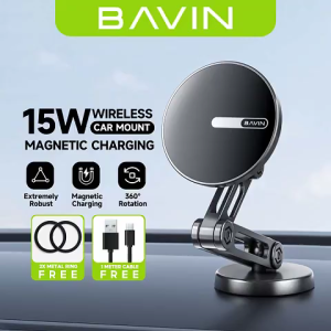 IDEAL1 BAVIN PS66 15W Strong Magnetic Wireless Car Charger with Foldable Metal Phone Holder Stand w/ 2x Magnetic Ring For IPH 15