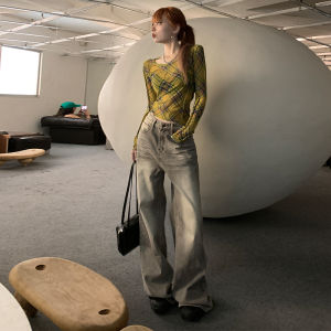 Retro High Street Womens Jeans Loose Straight Leg Long Pants Light Blue Washed High Waist Slimming Floor-Length Trousers