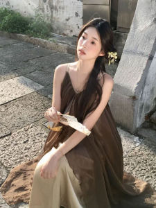 Retro Style Beach Vacation Vibes Strapless Long Dress Elegant Summer Outfit for Ladies V-neckline Natural Waist Loose Fit A-line Skirt