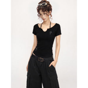 EVPGB | Áo Thun Ngắn Tay Không Quai ôm Sát Off-shoulder Đen