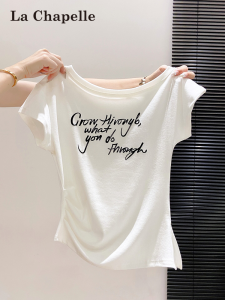 La Chapelle | Korean Style Letter Print Off-shoulder Slim T-shirt