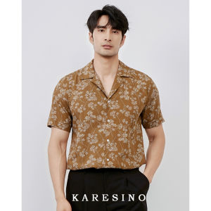 Karesno Summer Mens Casual Hawaii Beach Vacation Floral Silk Ice Washed Fashionable Short Sleeve Shirt Standard Fit Printed Polyester Cotton Blend