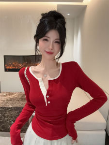 Áo Thun Dài Tay Màu Đỏ Gợi Cảm Cài Nút Cổ Nửa Cho Nữ Mùa Thu Phong Cách Mới Ôm Vừa Vặn Kẻ Sọc Xen Kẽ Dài Tay Áo Thun Nữ