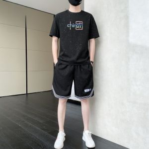 ROMON | Lomond Mens Ice Silk Sports Set Summer Thin Print Short Sleeve T-shirt Casual Two-piece Suit Nylon Rayon Spandex Blend