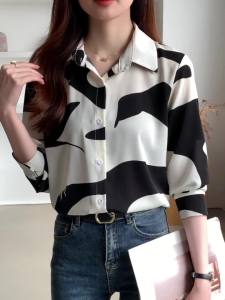 AMMIN 2024 Autumn new simple lapel fashion black and white patchwork graffiti printed chiffon blouse Korean style long sleeve vintage elegant blouse