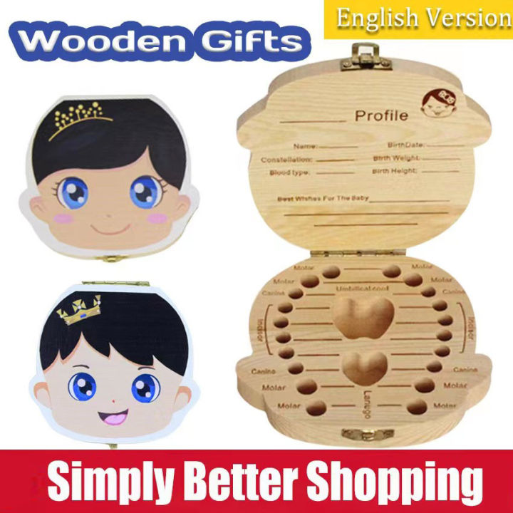 Baby Tooth Box Souvenir Teeth Save Box Boy Girl Umbilical Cord Organizer English Wooden Version