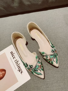 Elegant Embroidered Flat Bottom Slip-On Womens Shoes Soft Cloth Upper Side Open Pointed Toe Korean Style Fashion Footwear