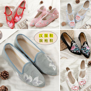 รองเท้าเต้นรําปักถักร้อยด้วยพื้นรองเท้าอ่อนและดีไซน์โบว์ยืดหยุ่น รองเท้าแม่ Qipao แบบวินเทจ รองเท้าคอสตูมจีนดั้งเดิม