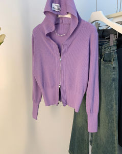 AMILUCK | Hooded Knitted Cardigan Womens Slim Fit Long Sleeve Thin Outerwear Vintage Gentle Style Autumn New Arrival Fashion Outer Jacket