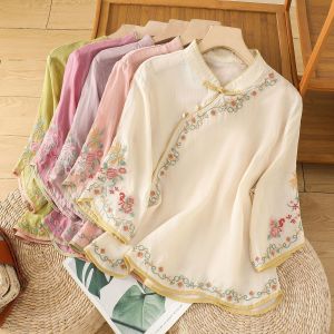 MIAOYUAN | Mandarin Collar Embroidered Cotton Linen Blouse for Women