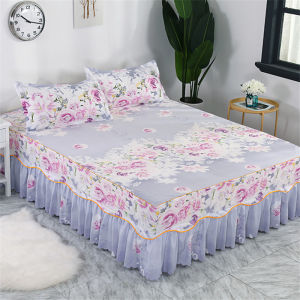 Thickened Korean Style Bed Skirt Single Piece Mattress Cover for 1.8/1.5/1.2 Meters Bed Polyester Fiber Plant Floral Pattern
