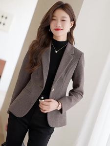 YIMUZI | Coffee Short Tweed Plaid Suit Coat Thicker