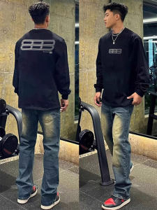 Áo Thun Cotton Dài Tay Màu Đen Cho Nam Mùa Thu Đông Rộng Rãi Cổ Tròn Phong Cách Mỹ Mới Quần Áo Làm Việc Thường Ngày