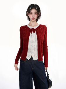 KBVVR | Red Illusion Two-piece Close-fitting Knit Cardigan Short Length Innerwear