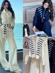 Fashionable Stand Collar Zipper Design Long Sleeve Top with Wide Leg Pants Casual Early Autumn New Style Womens Set