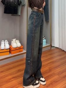 Quần Jeans Denim Ống Thẳng Rộng Kiểu Dáng Mới Cho Nữ Thu Đông Quần Ống Rộng Thêu Rhinestone Quần Jeans Denim Thường Ngày
