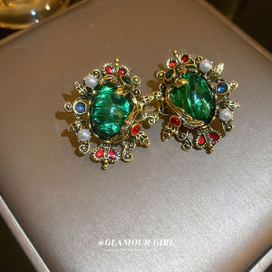 Elegant Green Sapphire Crown Design Pearl Earrings Luxury Fashion Jewelry Silver Needle Craftsmanship Metal Ear Studs
