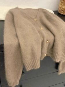 CHOEFULYN | Camel Colored Gold Button Lazy Thick V-Neck Knitted Cardigan